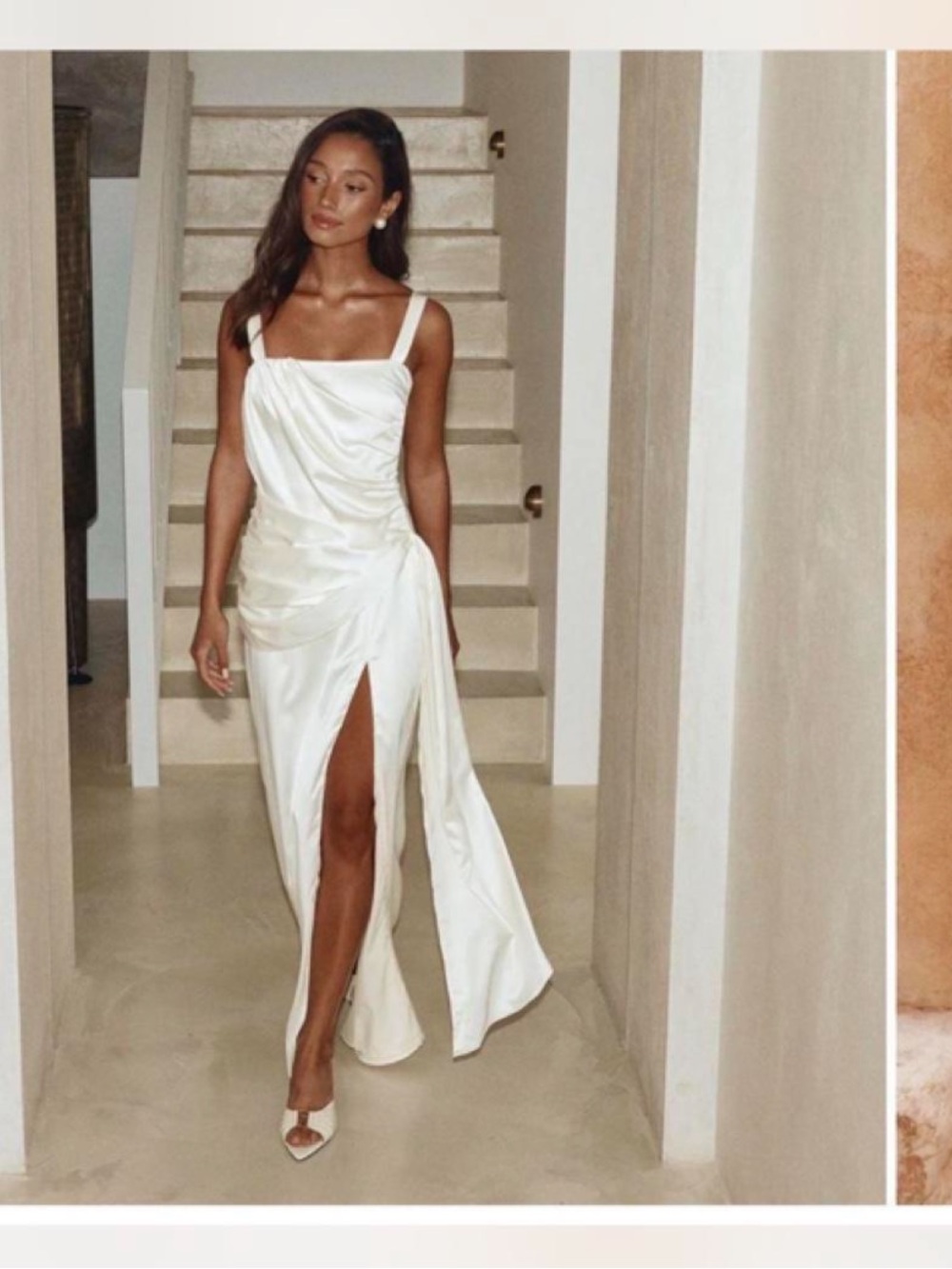 Elegant White Satin Strappy Slip Dress with Front Slit